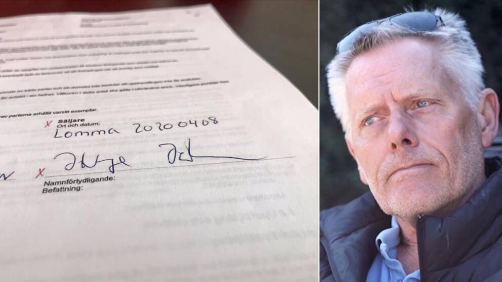 Till vänster namnteckning på dokument. Till höger bild på Jörgen Johansson.