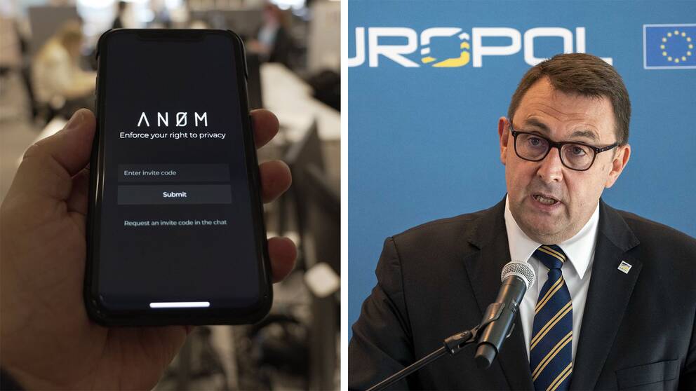 Mobil med krypterade chattjänsten An0m/ Jean-Philippe Lecouffe, Europols biträdande operationschef.