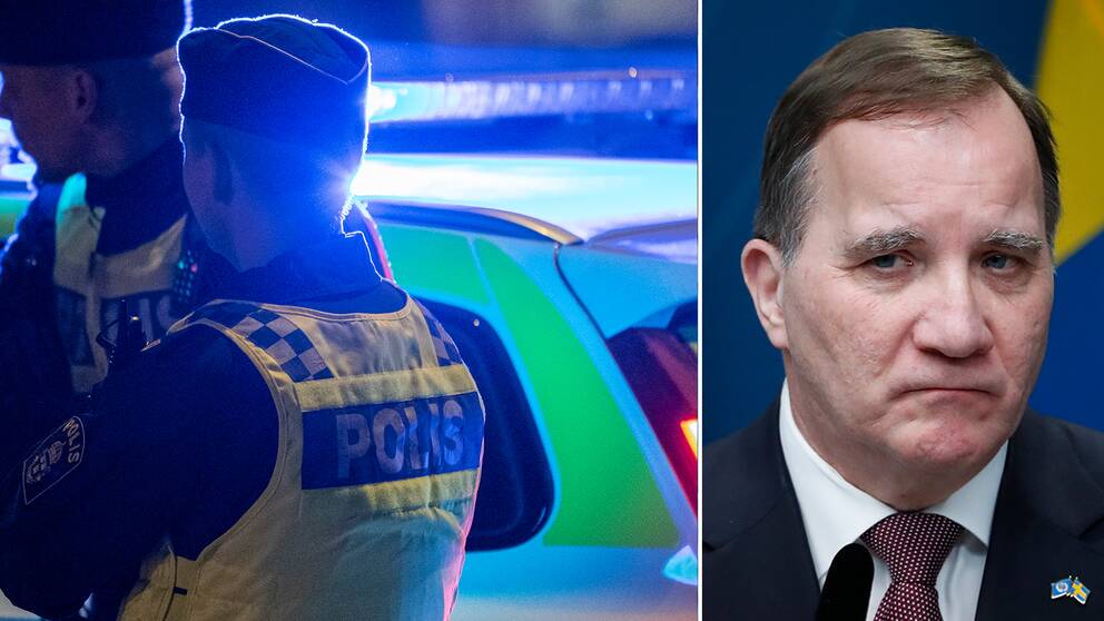 Poliser står framför en polisbil med blåljus och statsminister Stefan Löfven tittar mot dem.