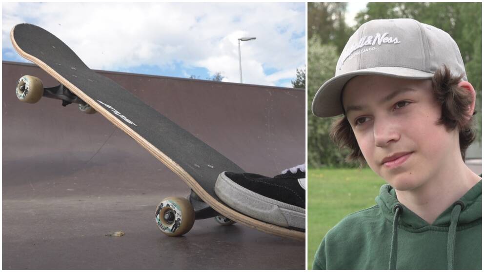 Till vänster en skateboard på en ramp. Till höger en ung kille med keps, brunt hår, bruna ögon och en grön tjocktröja.
