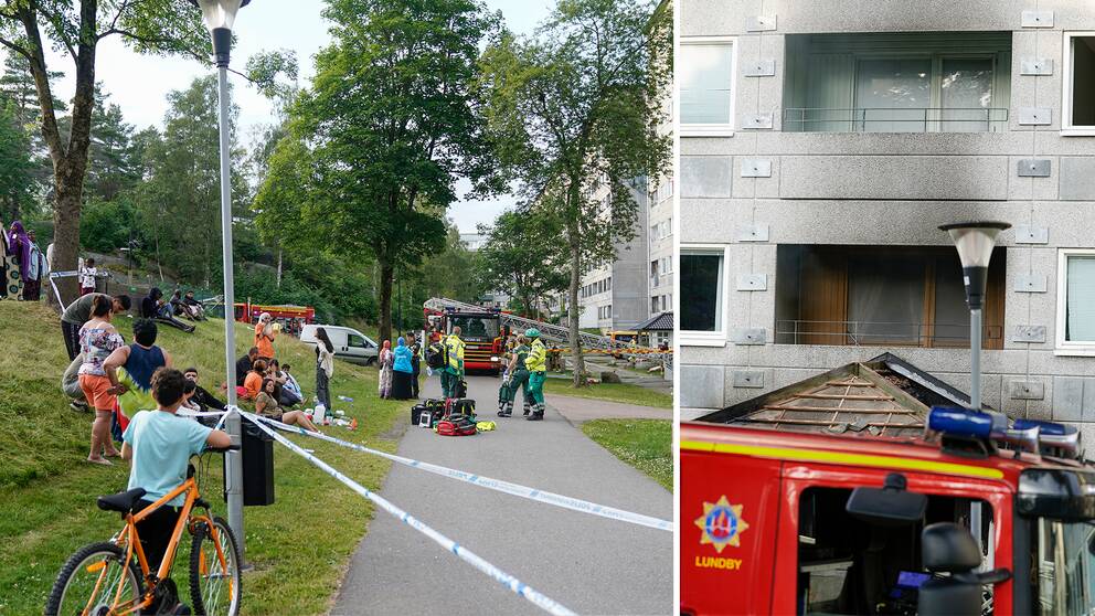 Boende och räddningstjänst utanför det eldhärjade huset/ Närbild på brandskadad lägenhet.