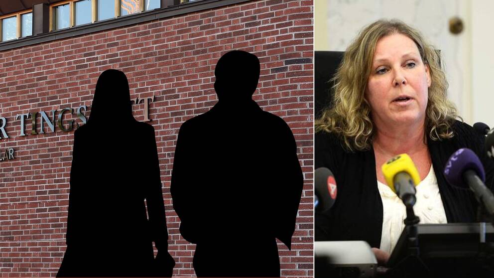 T.v: man och kvinna framför tingsrätt. t.h: Laila Kirppu, rättens ordförande i Kalmar tingsrätt.