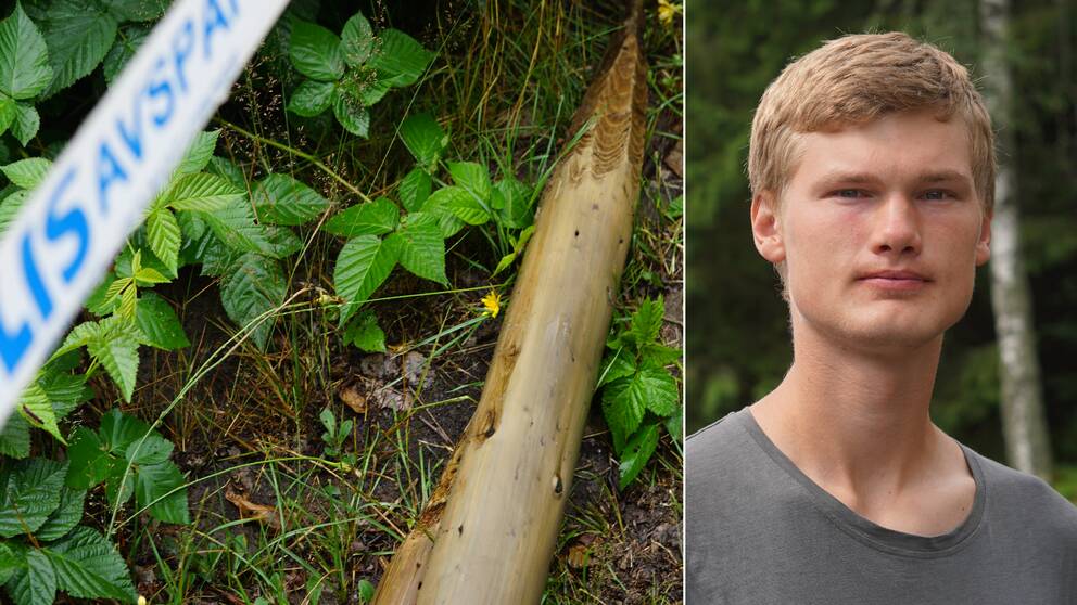 Bilden är delad i två delar. Den ena bilden är en bild på pålen och polistejp i bakgrunden. Per tittar in i kameran på den andra bilden.