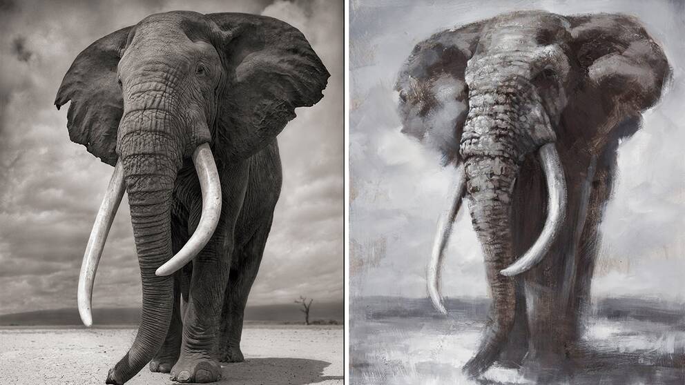Till vänster Nick Brandts ”Elephant on Bare Earth”. Till höger oljemålningen som sålts av möbelföretaget Mio.