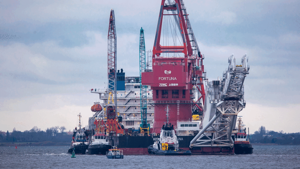 The tugboat of the Russian pipeline laying ship Fortuna in the German port of Wismar in the Baltic Sea. 