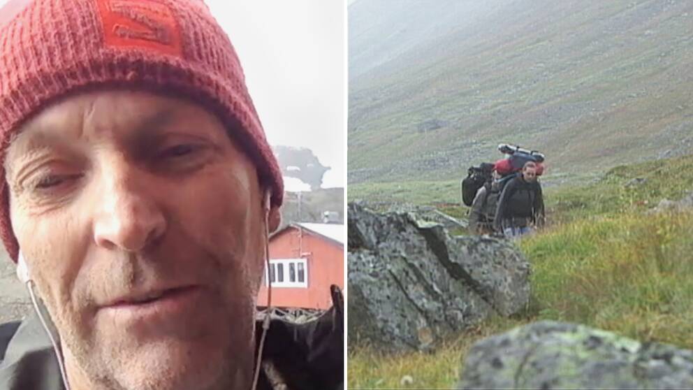 nära selfie-bild på Anders Bergwall, en medelålders man i mössa – samt två vandrare på fjällsluttning