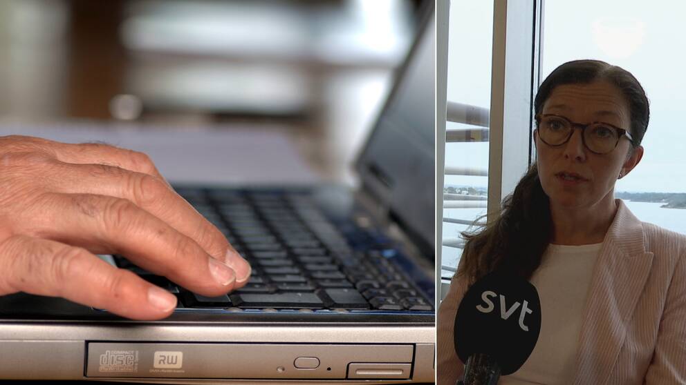 Bilden äri två delar. Den enda bilden är en närbild på händer som skriver på ett tangentbord. Den andra bilden är på Helena Olá. Hon sitter framför ett stort fönster med utsikt över havet.