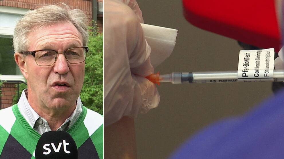 Smittskyddsläkare Anders Lindblom och en arm som får en spruta med covidvaccin i 