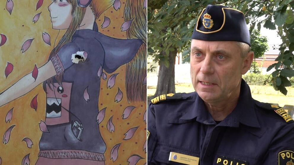 Bilden är ett montage. Till vänster plockar en man ner en skylt med ett skotthål. Till höger lokalpolisområdeschef Anders Olofsson.