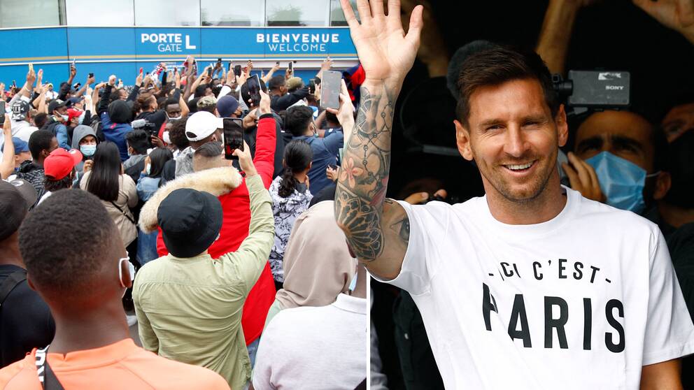 Messi vinkar till fans efter att han landat i Paris.