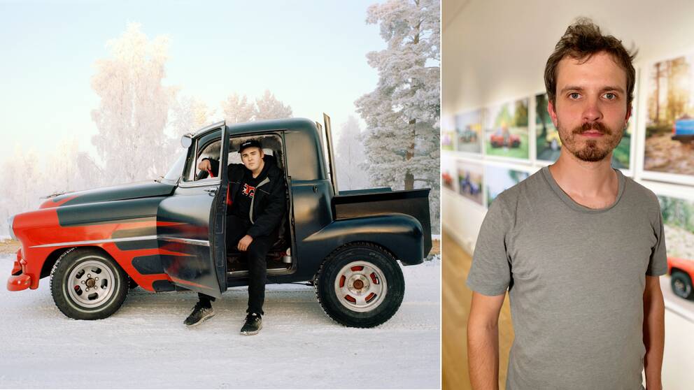 Collage: Volvo duett epatraktor i ett snöigt landskap och ett porträtt på dokumentärfotograf Benjamin Nørskov.