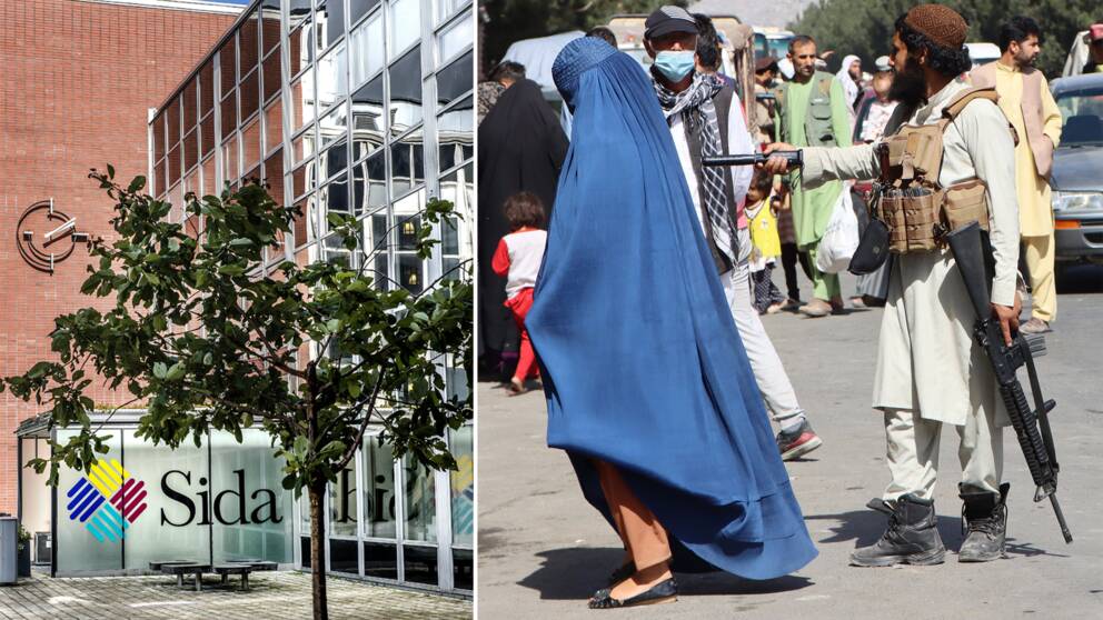 Sidas kontor i Sverige och en beväpnad taliban som står bakom en beslöjad kvinna i Kabul.