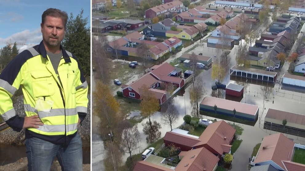 Delad bild. På den vänsta står en man i gul arbetsjacka står med armarna i sidan. På den högra en flygbild över ett bostadsområde med stora vattenmassor mellan husen.