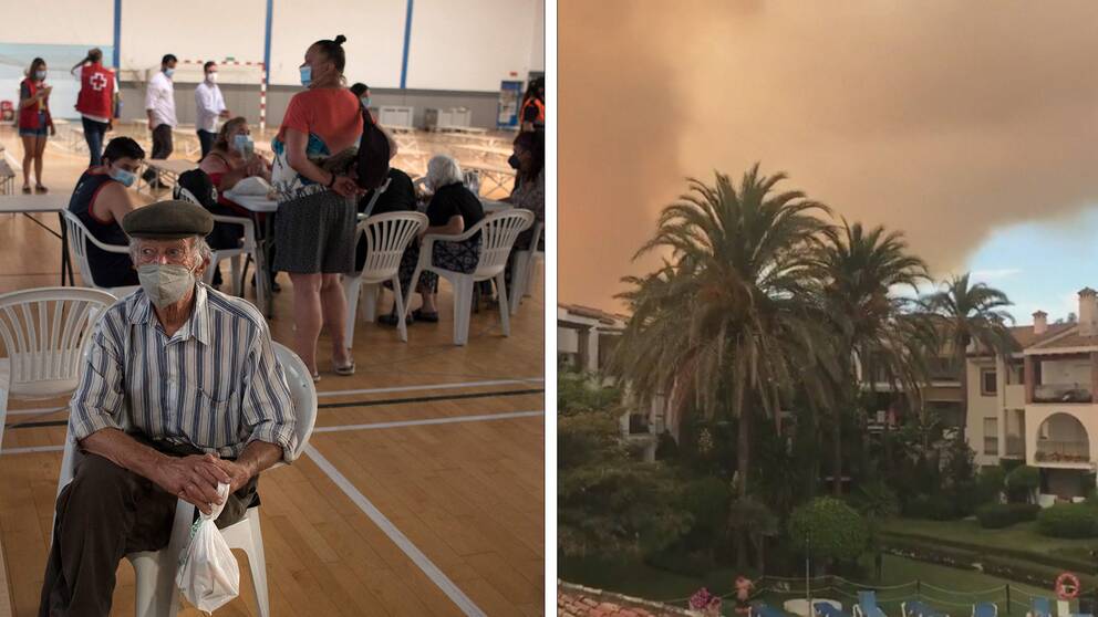 Tusentals spanjorer evakuerade på grund av branden som härjar. Här tar några skydd i en sportshall.