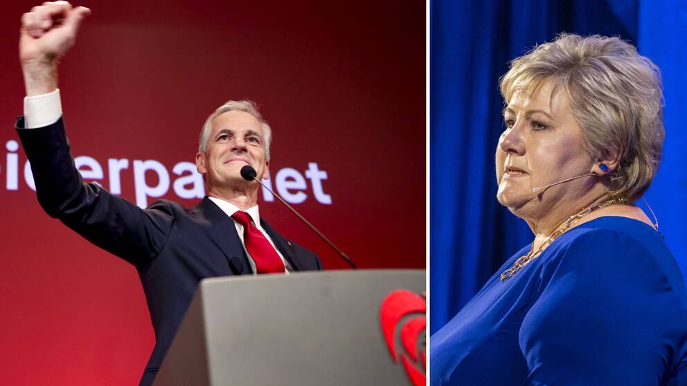 Arbeiderpartiets ledare Jonas Gahr Støre och Høyres Erna Solberg.