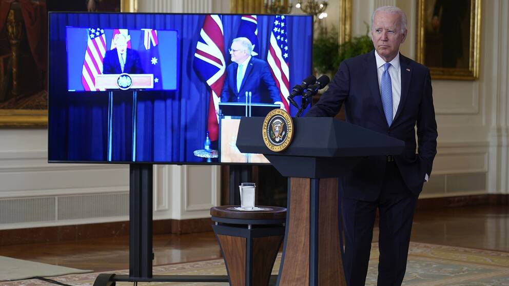 Ledarna för Storbritannien Australien och USA under en gemensam digital presskonferens sent på onsdagskvällen.