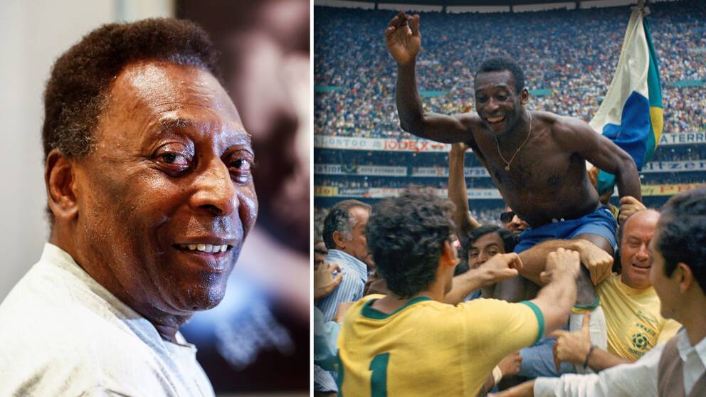 Se bilder från Pelés liv och karriär i klippet  I bilden syns han i samband med en intervju 2019 samt efter VM-guldet 1970 i Mexiko