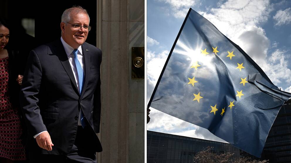 Australiens handelsminister Dan Tehan och EU:s flagga.