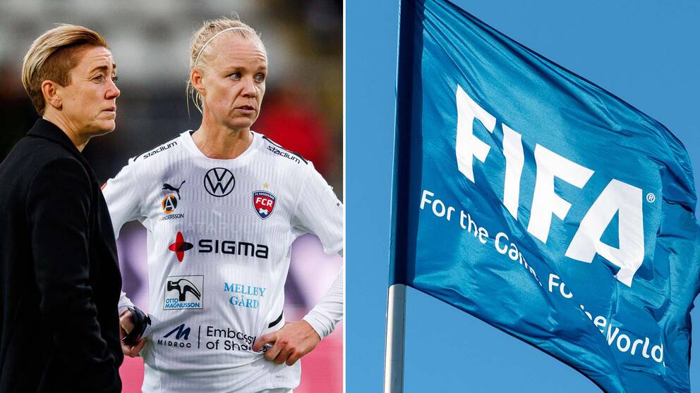 Therese Sjögran, sportchef i Rosengård/damallsvenskan och mittfältaren Caroline Seger. Även Fifas flagga.