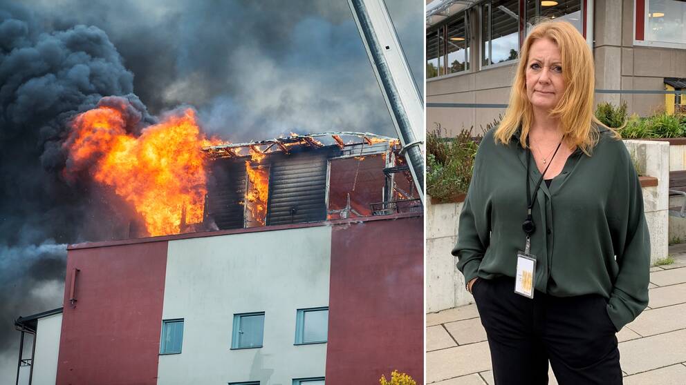 En bild från branden på Öster i Gävle och en bild på Cathrine Holgersson, vd på Gavlegårdarna