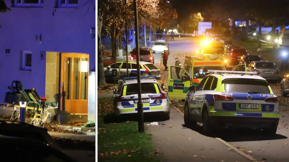 Polis och ambulans var på plats efter skottlossningen i Farsta i södra Stockholm.