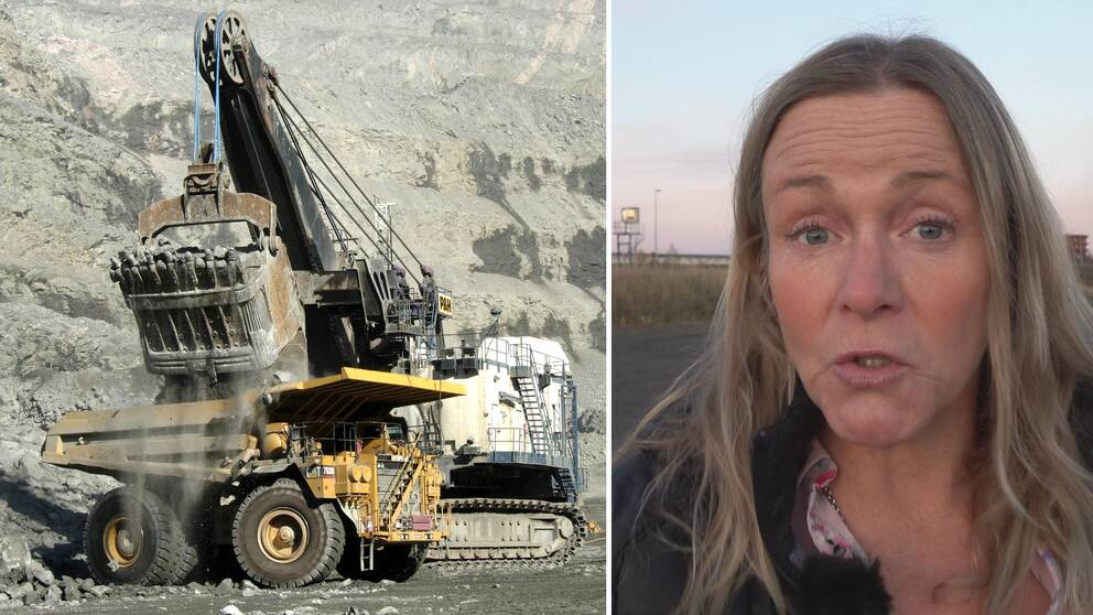 maskiner jobbar med lastning i Aitikgruvans dagbrott, samt närbild på reporter Randi Gitz – en kvinna med långt hår som pratar