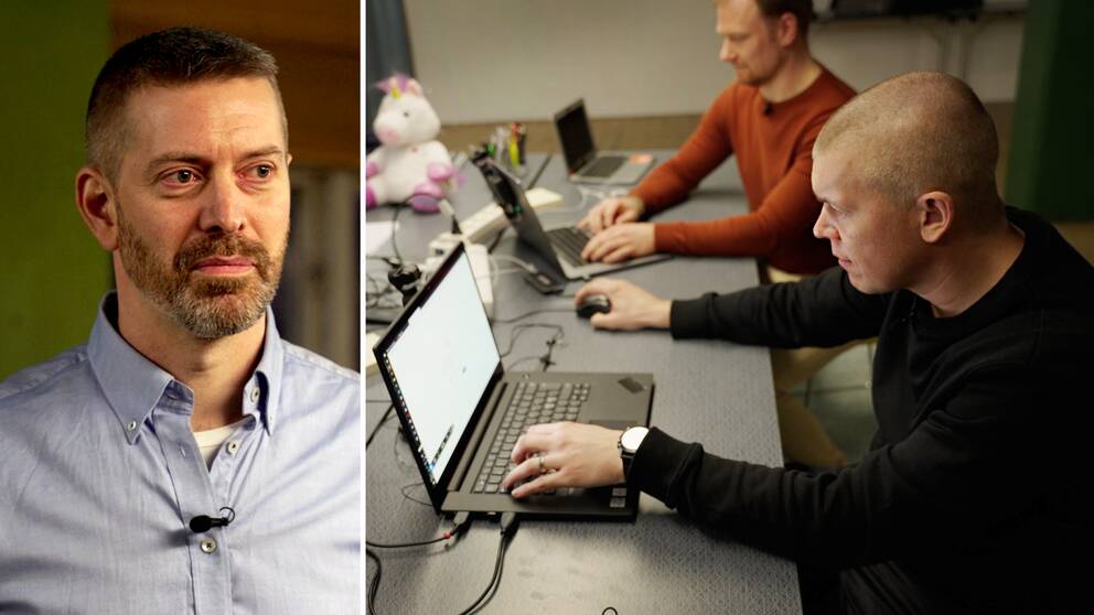 Bild på Andreás Lundberg som blev hackad samt en bild på två av hackarna framför sina datorer.