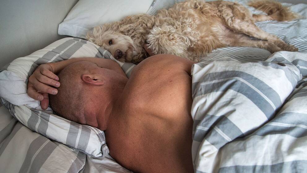 En man och en hund som sover