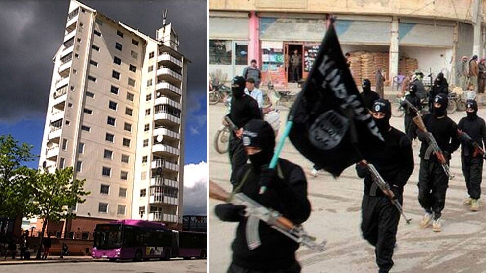 Höghuset i Vivalla / IS-soldater med flagga