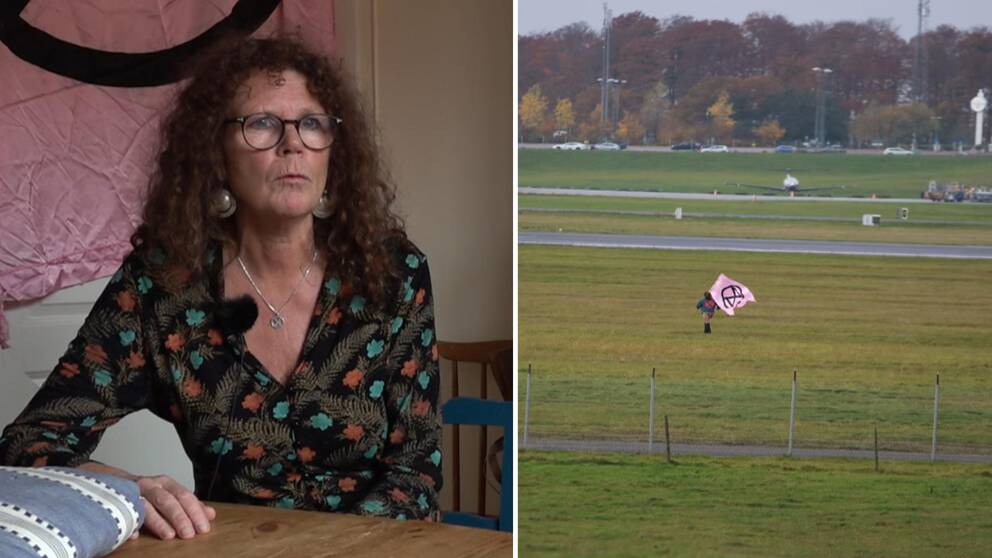 En kvinna, Helen Wahlgren går på ett fält på landningsbanan.