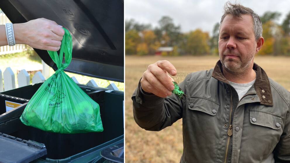 Lantbrukaren Daniel Henrixon oroar sig för vad plastbitarna från den gröna matavfallspåsen kan komma att göra med hans grödor, och med omgivande miljön. Hör honom berätta mer i klippet.