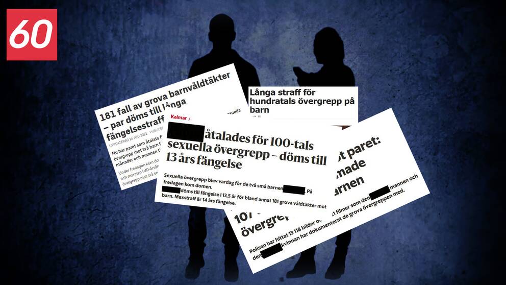Ett kollage med en siluette av en kvinna och en man samt skärmklipp från tidningsrubriker.