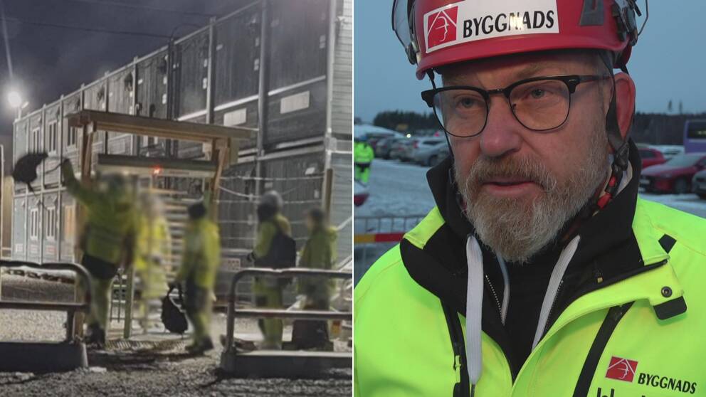 Bilder från när arbetare plankar in på batterifabriksbygget och förbundsordförande Johan Lindholm.