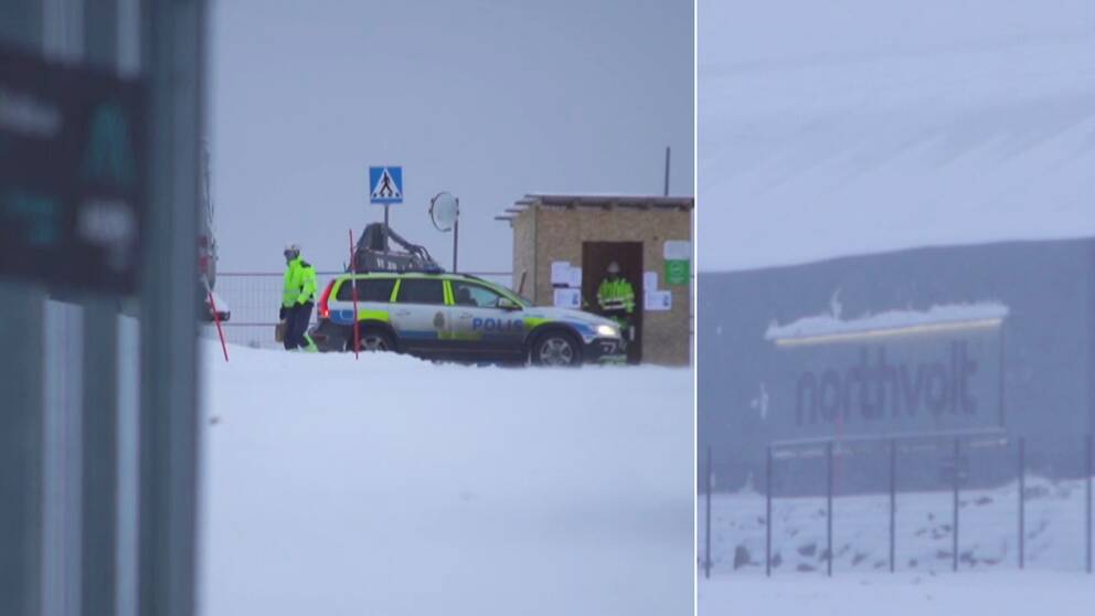 En polisbil syns inne på byggarbetsplatsen och en exteriör på en byggnad med texten ”Northvolt”.