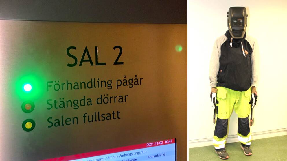 På bilden till vänster syns en grön lampa lysa för att signalera att förhandling pågår i tingsrätten om attacken mot Peder Skrivares skola. På bilden till höger bär en docka gärningsmannens kläder.