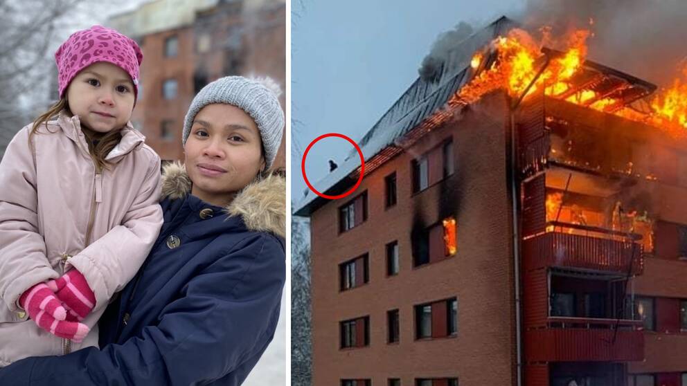 Det är en delad bild där mamman Ladda syns med dottern Mona i famnen till vänster. Till höger är det en bild på det brinnande lägenhetsshuset i Ånge.