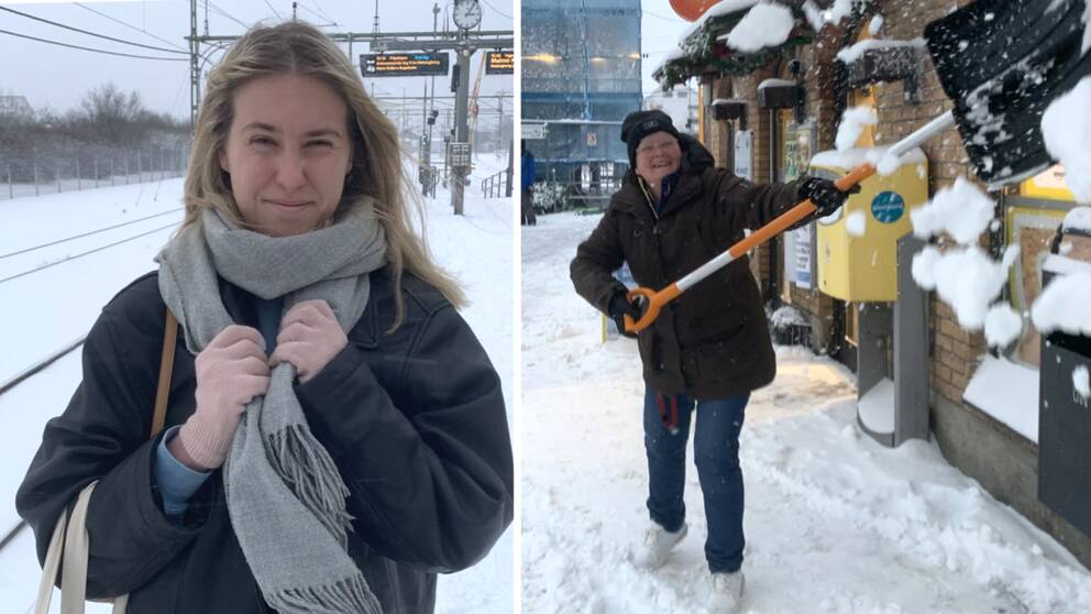 Filippa Petersson och Lotten Nylin Ekström hade olika inställningar till snöstormen som drog in över Halland på onsdagen.