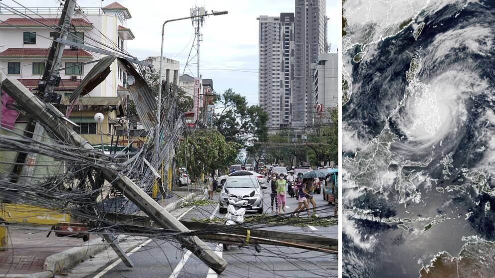Störtade telefon- och elledningar är bara några av de skador som tyfonen Rai orsakat. Till höger kan man se en satellitbild från när Rai drog in över landet.