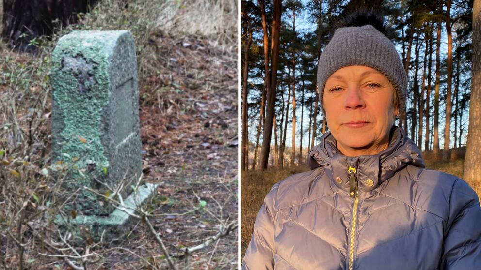 En gravsten och en bild på Marie Ollman i mössa och tjock jacka. 