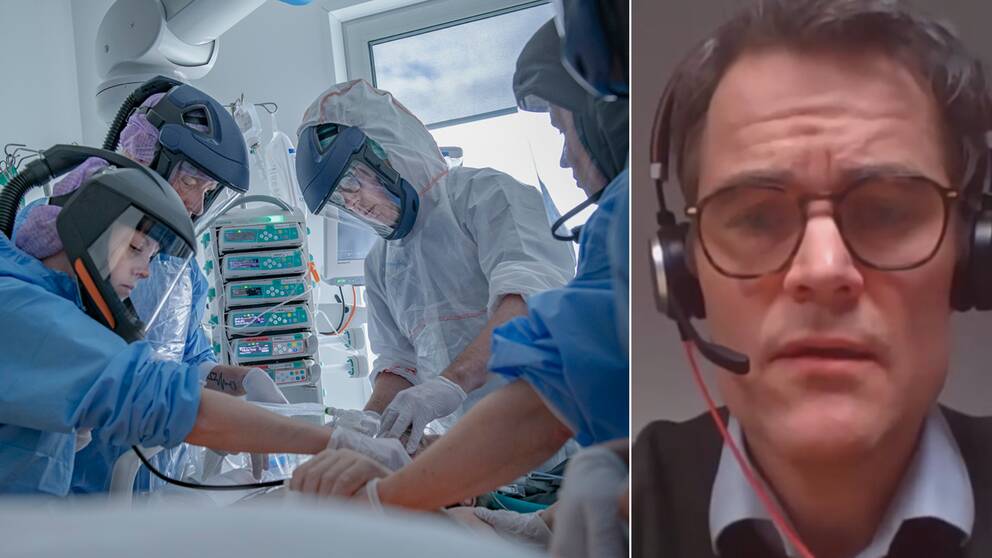 Bild på vårdpersonal som vårdar person samtididgt som de är iklädda full skyddsmundering, och inklippt i sidan en porträttbild av Johan Kaarme.