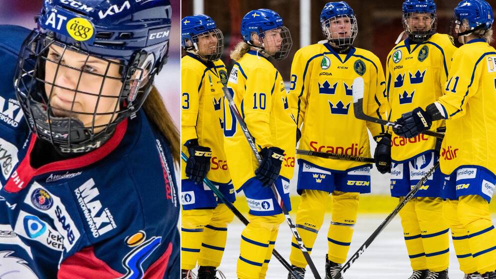 En porträttbild på Ella Jämsén på isen i hockeyutrustning. En del av U18-damlandslaget i grupp på isen. 
