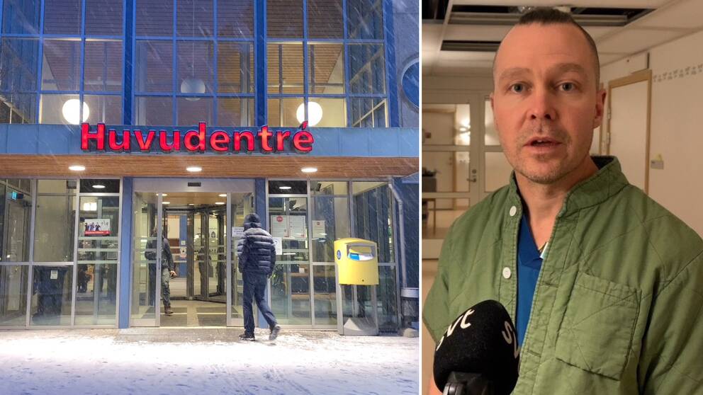 En person går in på lasarettet i Falun. På en annan bild intill finns IVA-chefen Torbjörn Roos.