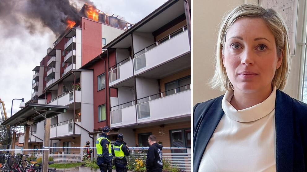 Bild från branden på höghuset i Öster och en bild på försvarsadvokaten Karin Lavén