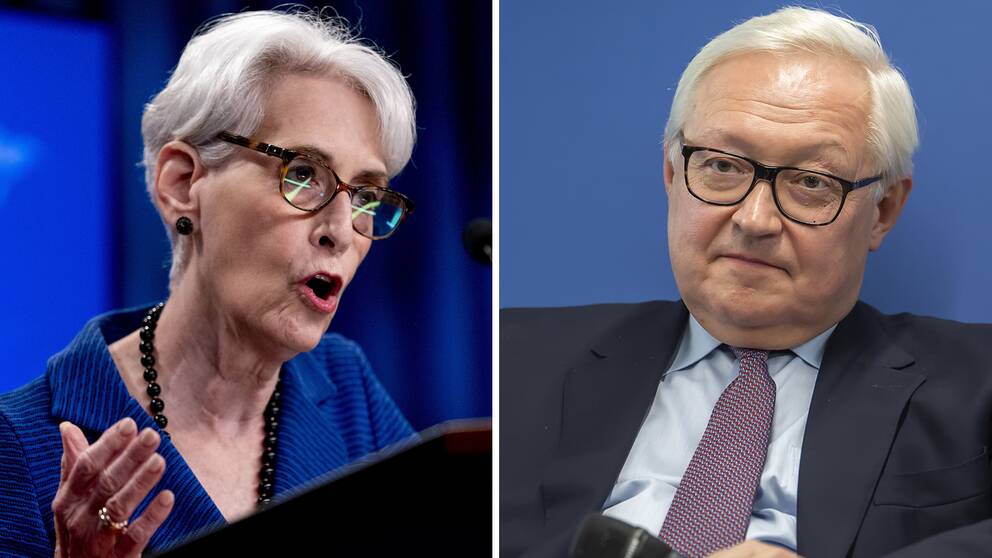 Splitbild på vice utrikesministrarna Sergei Ryabkov (Ryssland) och Wendy Sherman (USA).