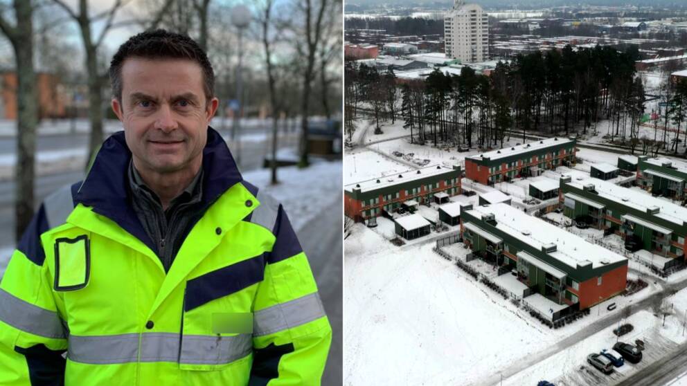 Man med gul arbetsjacka, samt flygbild över miljonprogramsområde