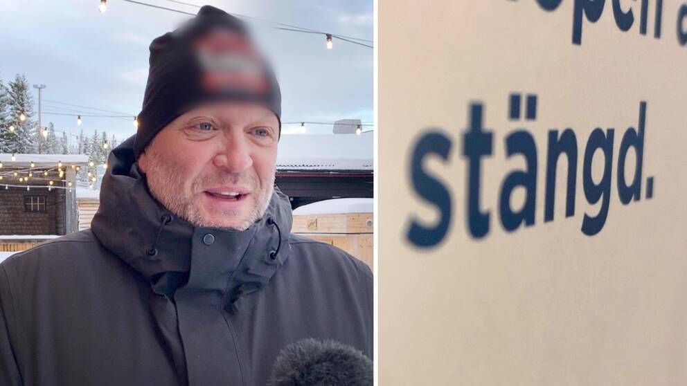 Tvådelad bild – en man till vänster i bild, samt en skylt där det står ”stängt” till vänster.