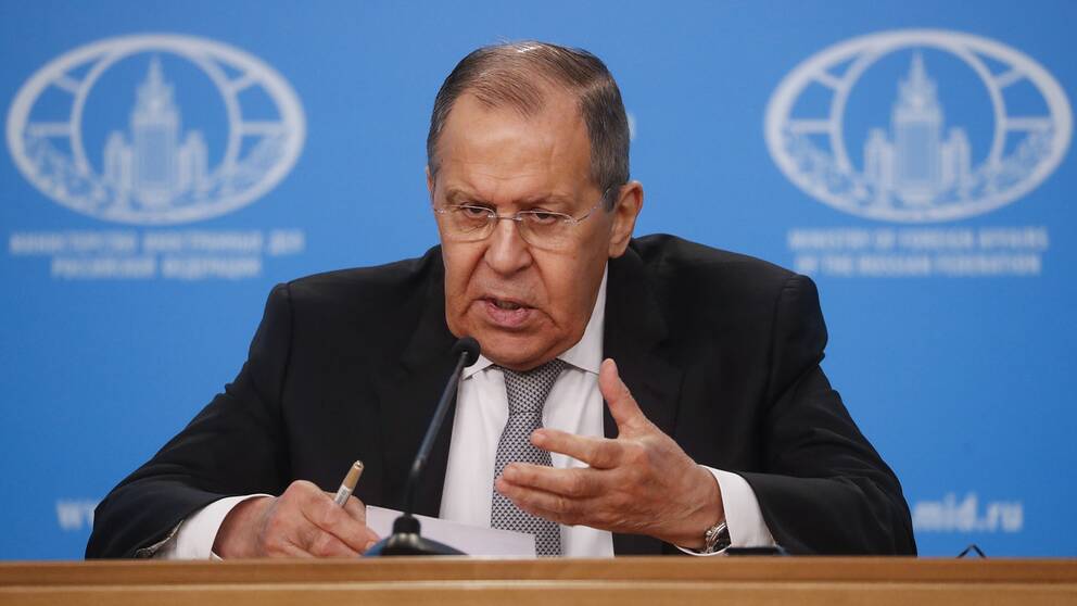Rysslands utrikesminister Sergej Lavrov under en presskonferens. 