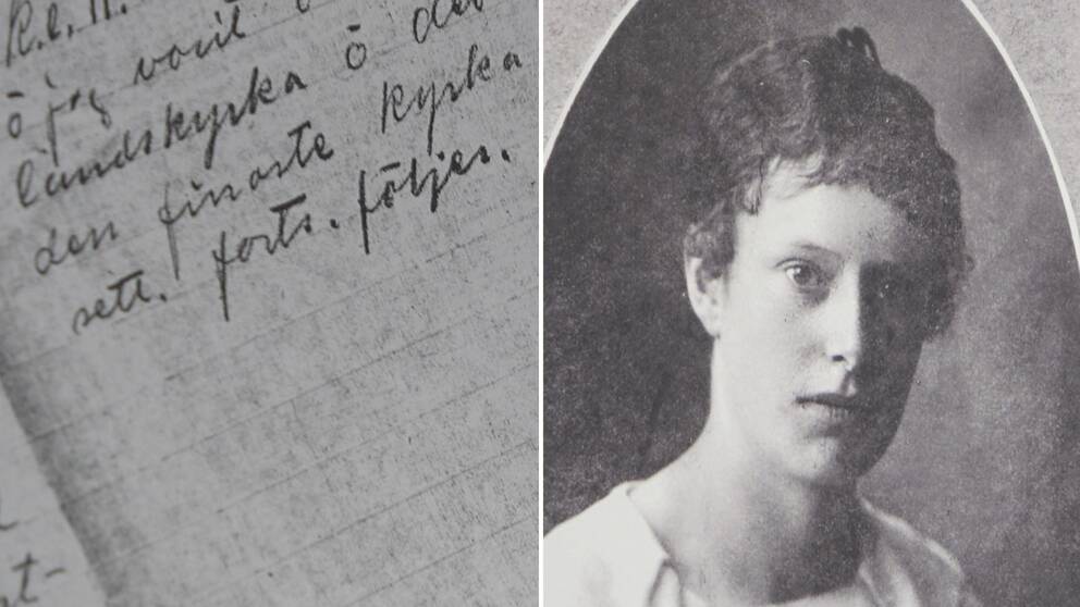 En delad bild med text från ett handskrivet brev och en porträttbild på Elsa Andersson. 