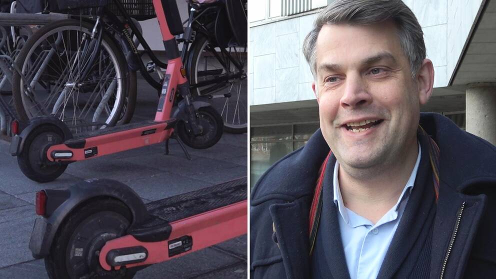 En elsparkcykel och kommunalrådet Andreas Schönström (S) som ler.