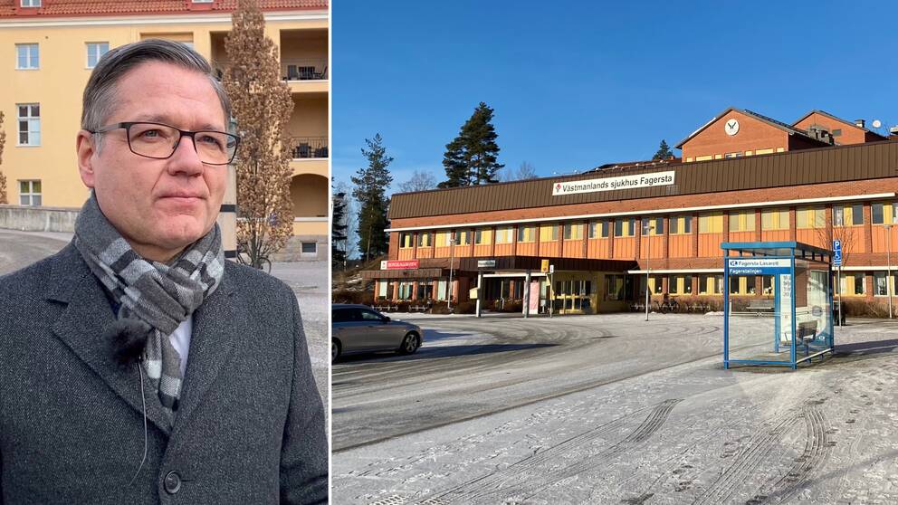 Regionrådet Kenneth Östberg (S) och entrén till Västmanlands sjukhus Fagersta